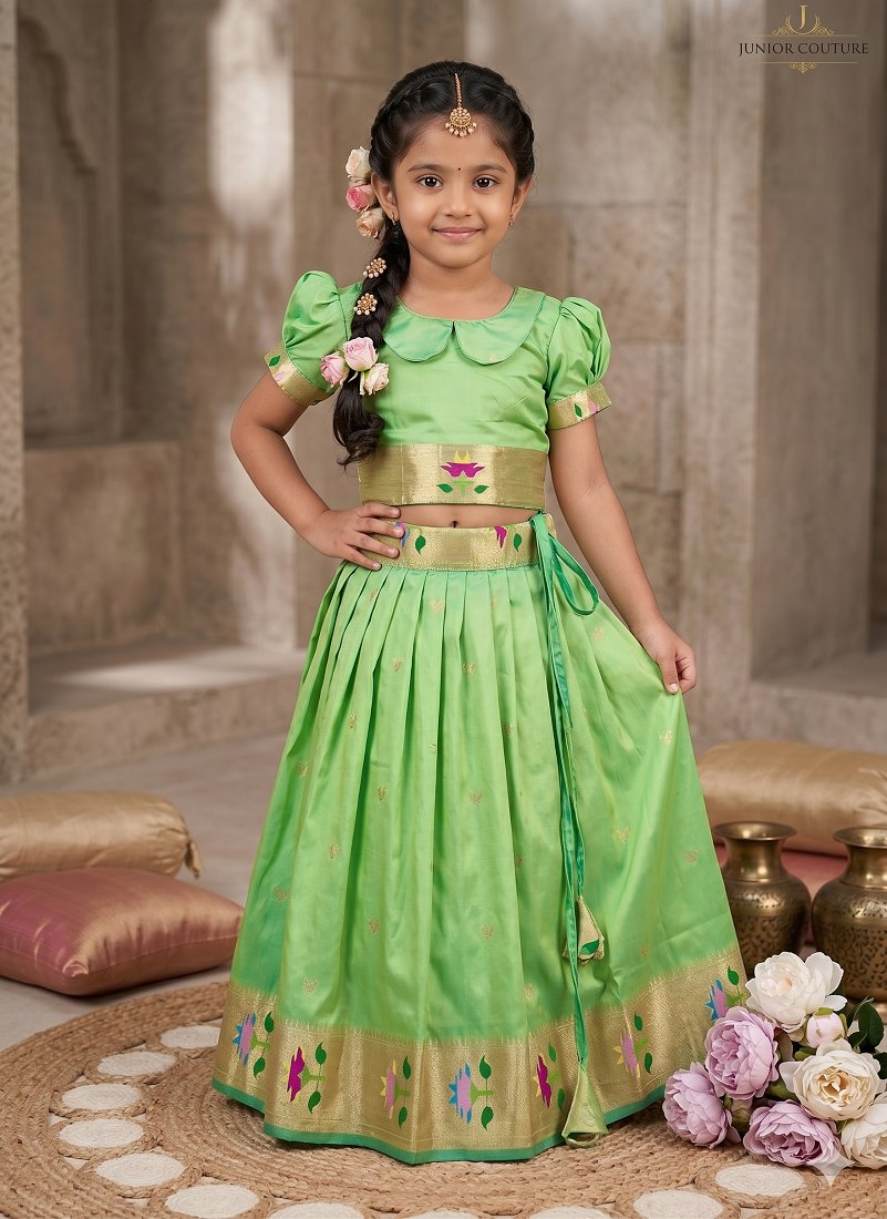 Evanik Green Soft Silk Paithani Design Zari Weaving Pavadai Lehenga Choli For Kids | Grocsy