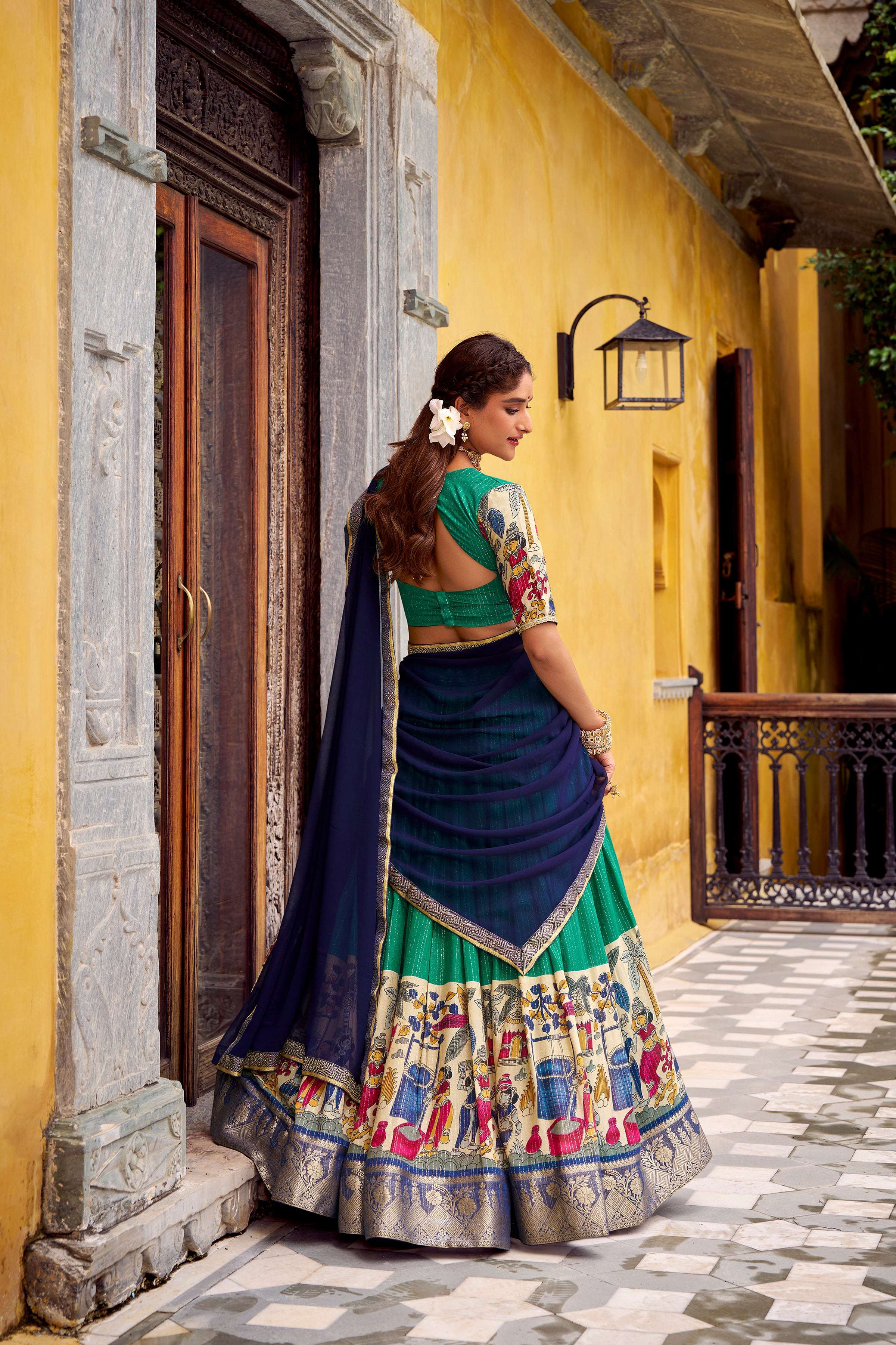 Evanik Bottlegreen South Style Kalamkari Print Design Zari Work Unstitched Lehenga Choli | Grocsy