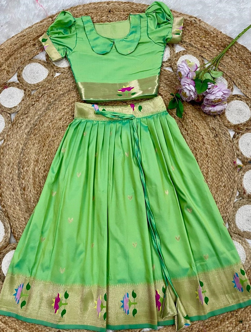Evanik Green Soft Silk Paithani Design Zari Weaving Pavadai Lehenga Choli For Kids | Grocsy