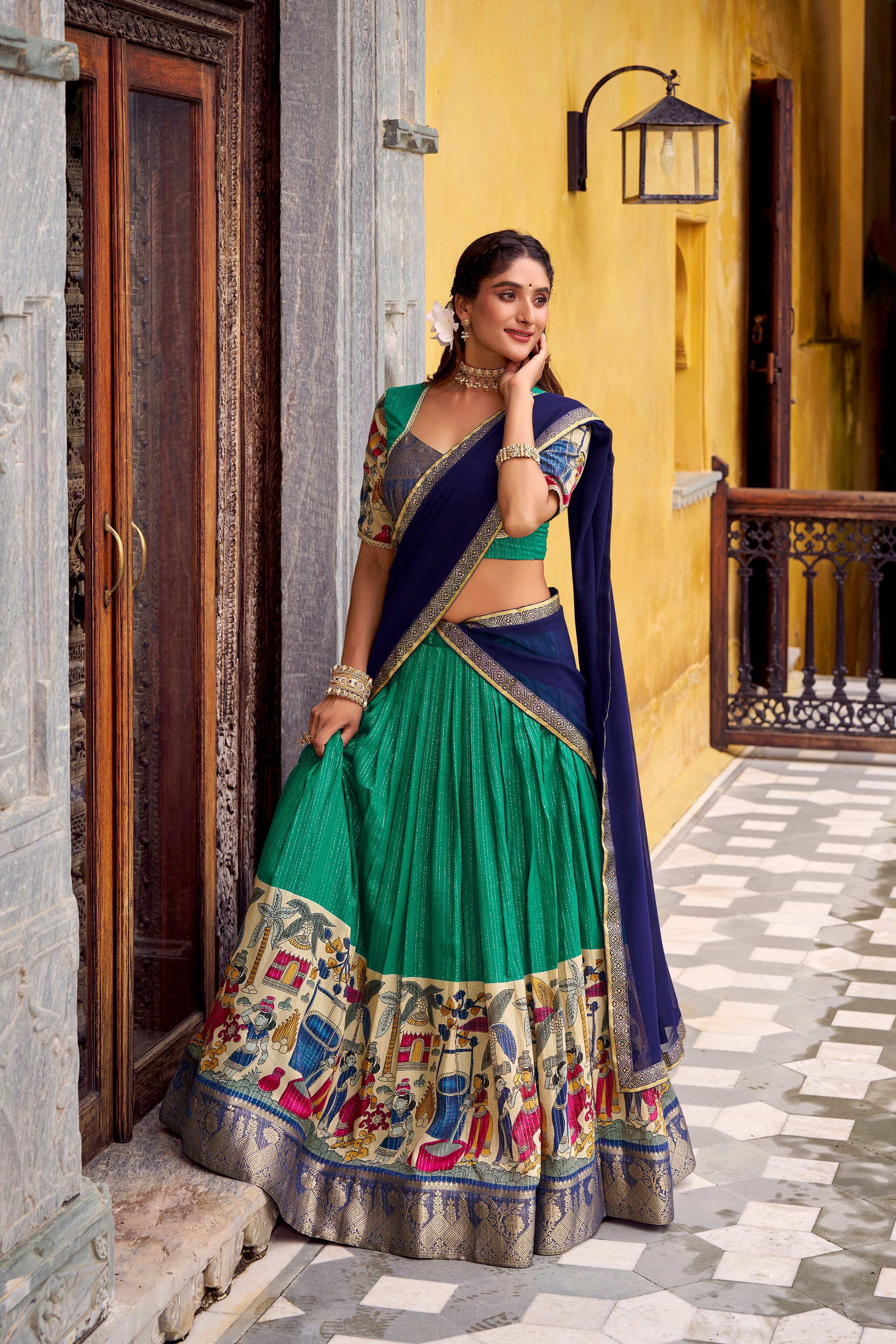 Evanik Bottlegreen South Style Kalamkari Print Design Zari Work Unstitched Lehenga Choli | Grocsy