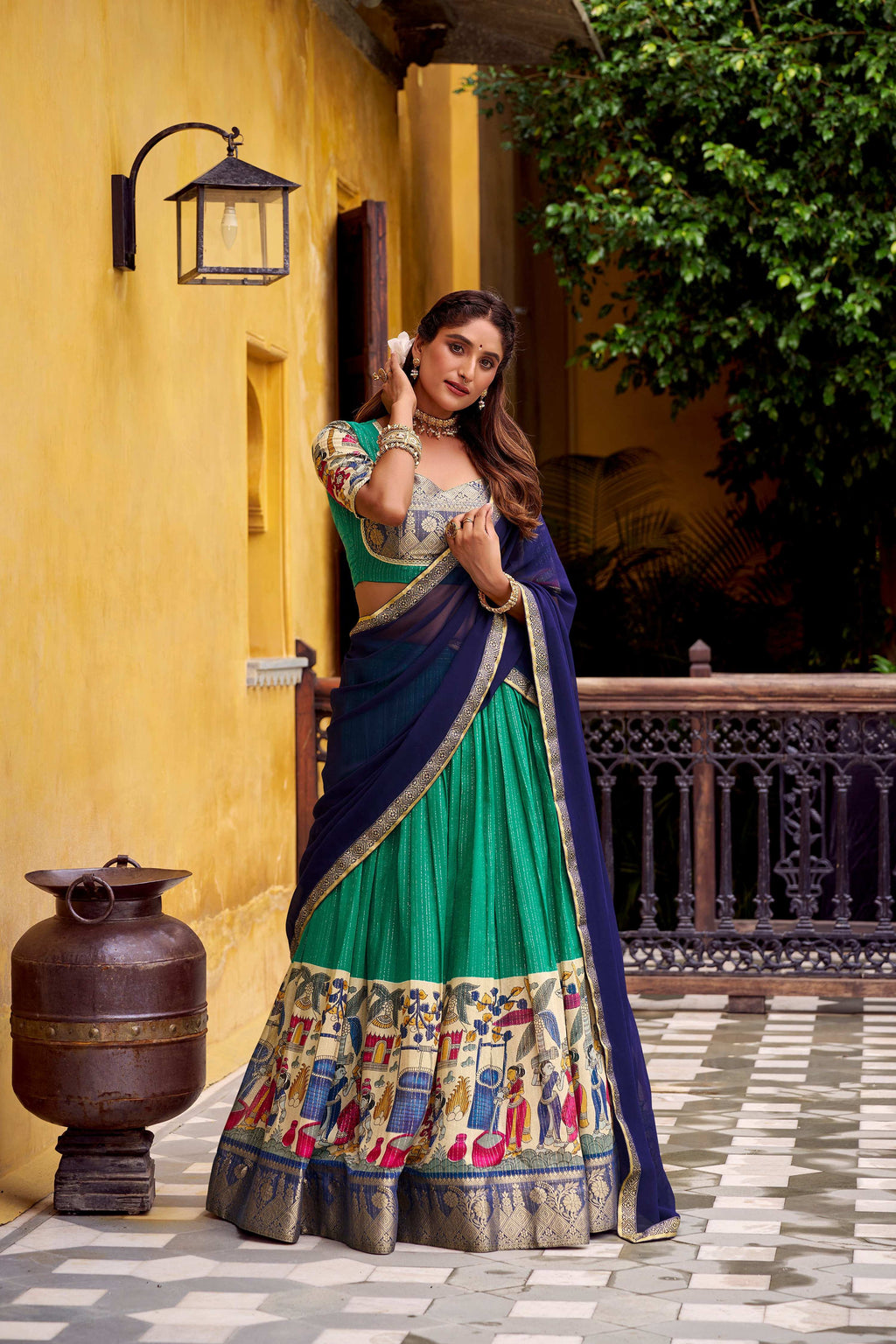 Evanik Bottlegreen South Style Kalamkari Print Design Zari Work Unstitched Lehenga Choli | Grocsy