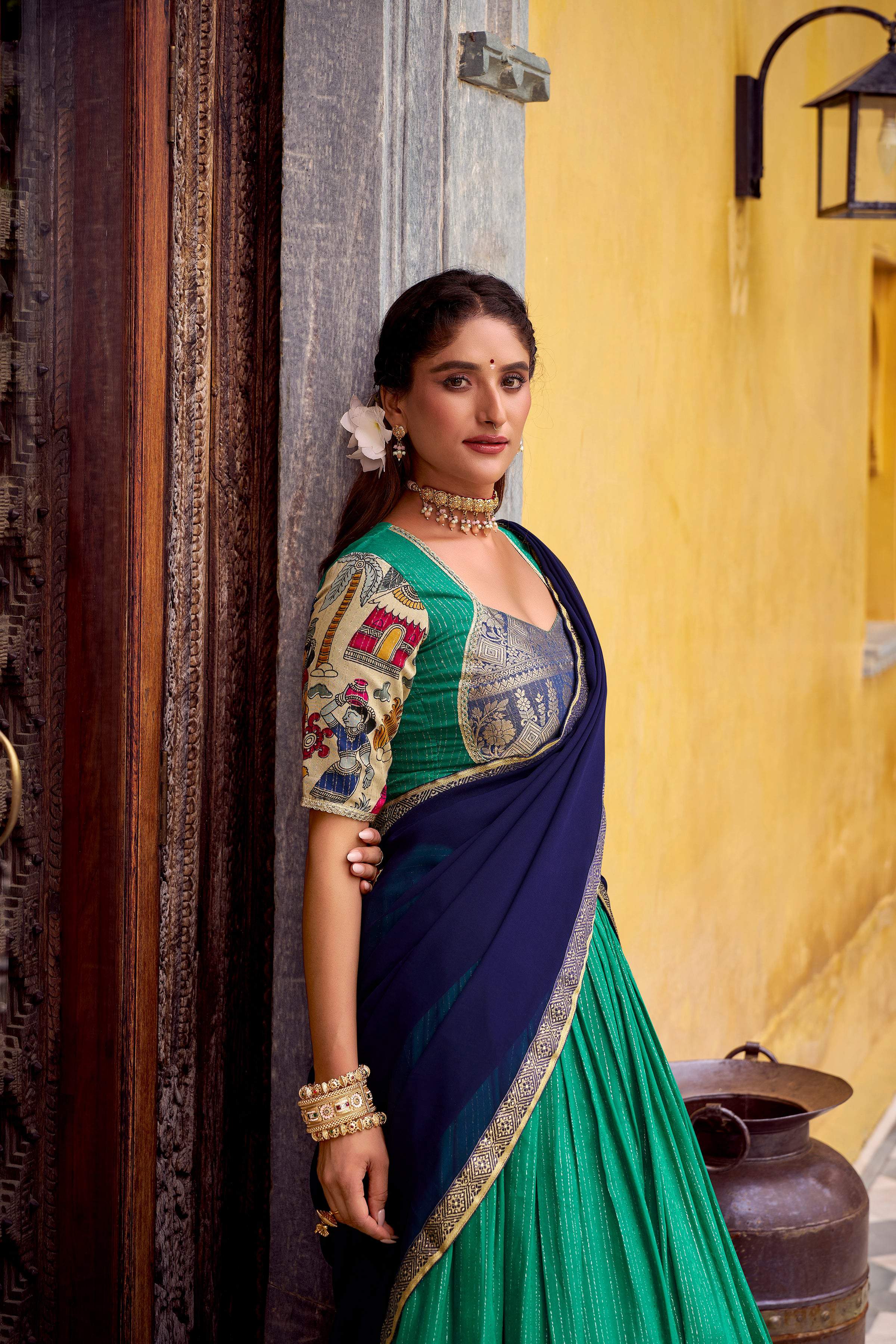 Evanik Bottlegreen South Style Kalamkari Print Design Zari Work Unstitched Lehenga Choli | Grocsy