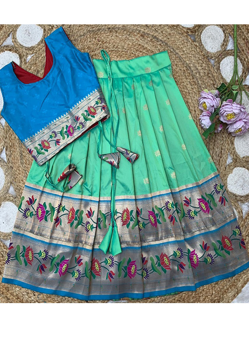 Evanik Turquoise Kids Paithani Silk Lotus Pattern Lehenga Choli | Grocsy