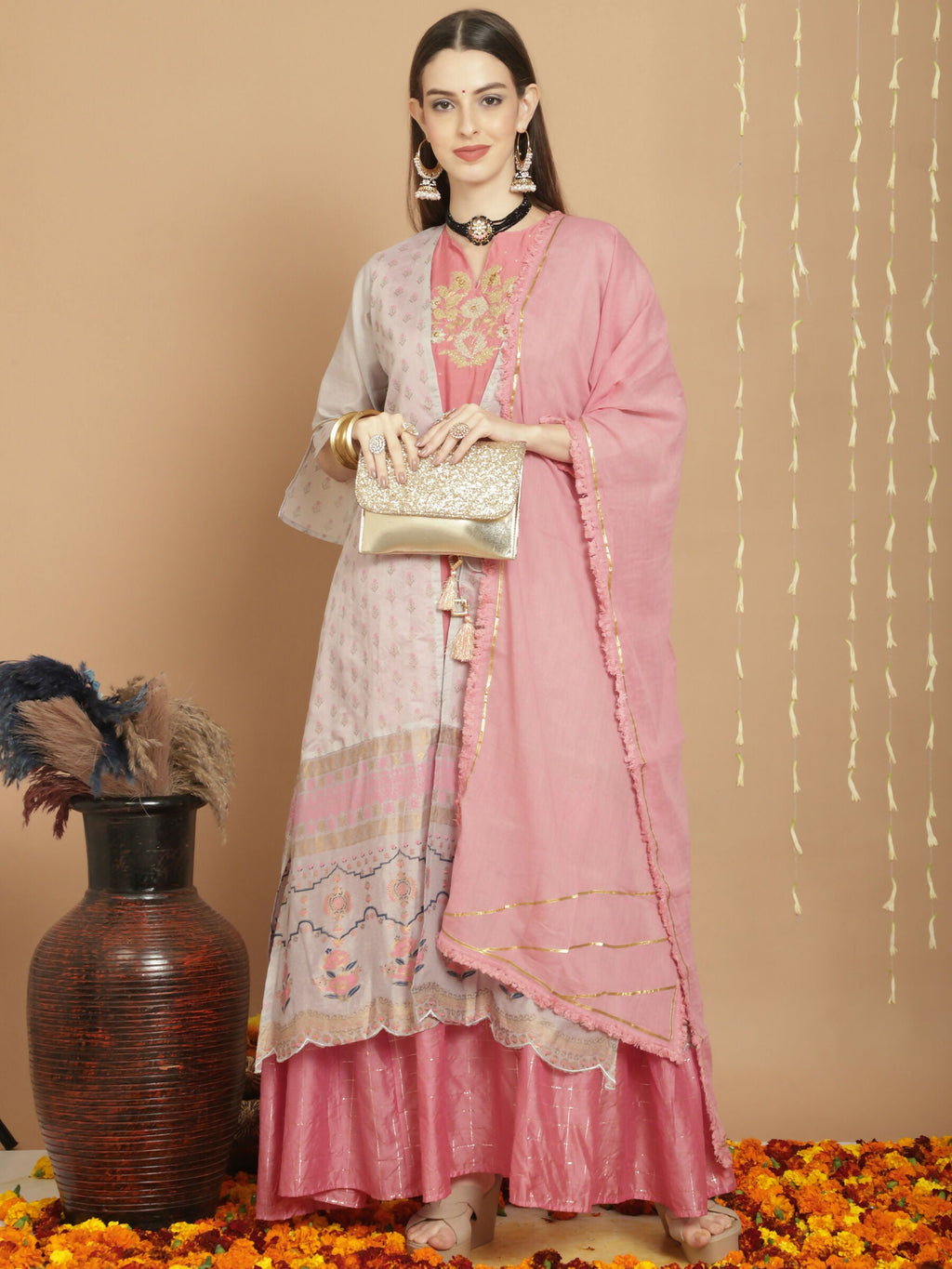 Jyoti Fashion Women's Grey Chanderi Silk Elegant Jardoshi Semi Kurta with Trouser & Dupatta | Grocsy