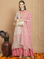 Jyoti Fashion Women's Grey Chanderi Silk Elegant Jardoshi Semi Kurta with Trouser & Dupatta | Grocsy