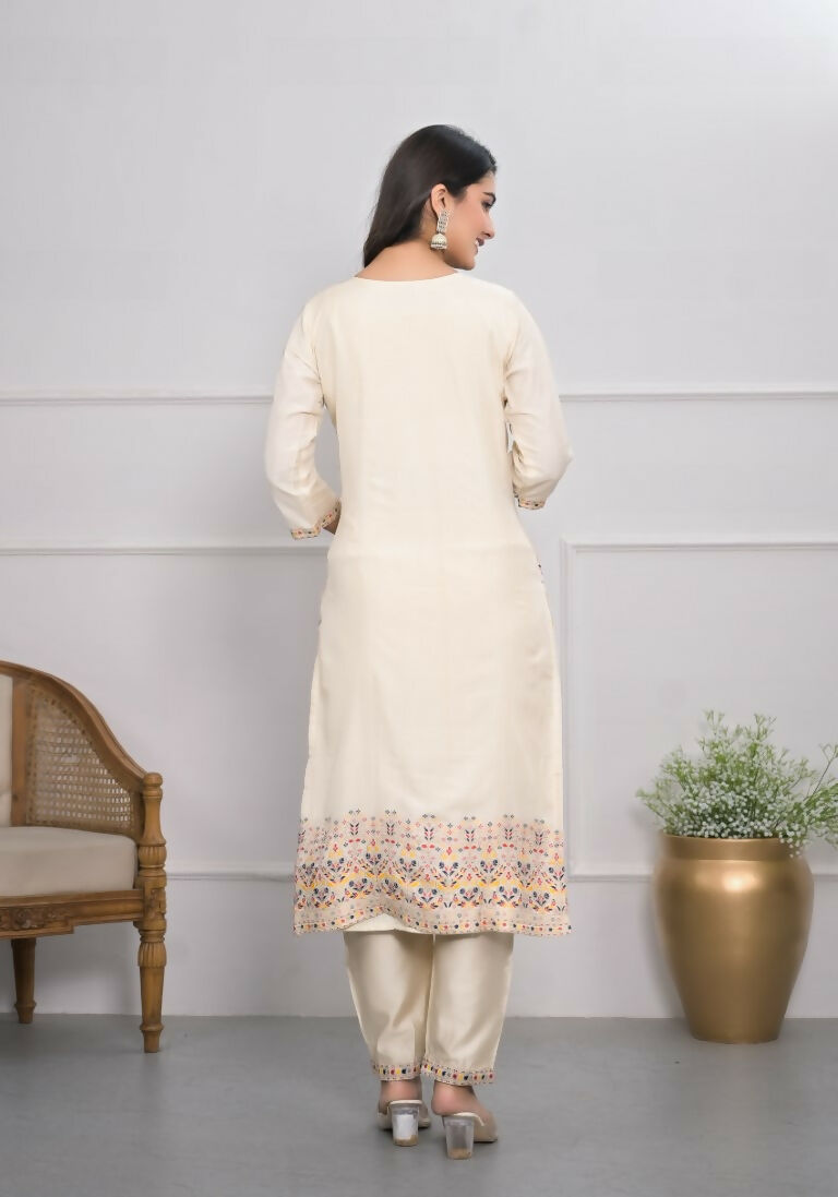 Cream Jequard Silk Embroidery with Thread and sequence Stitched Suit With Dupatta - Tanisha | Grocsy