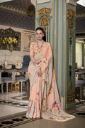 Vastranavya Peach Spectacular Georgette Printed with Pearl Lace Saree with Unstitched Blouse | Grocsy