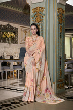 Vastranavya Peach Spectacular Georgette Printed with Pearl Lace Saree with Unstitched Blouse | Grocsy