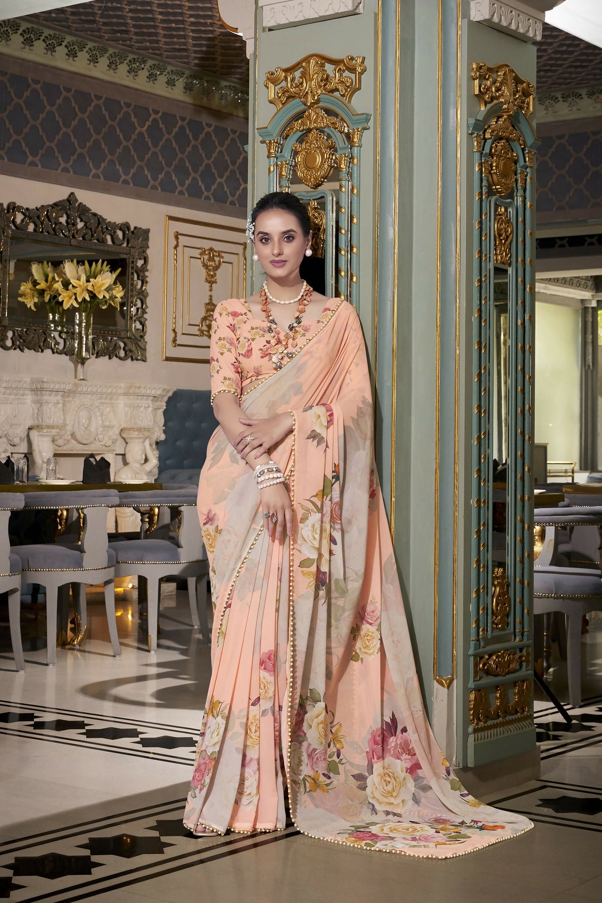 Vastranavya Peach Spectacular Georgette Printed with Pearl Lace Saree with Unstitched Blouse | Grocsy