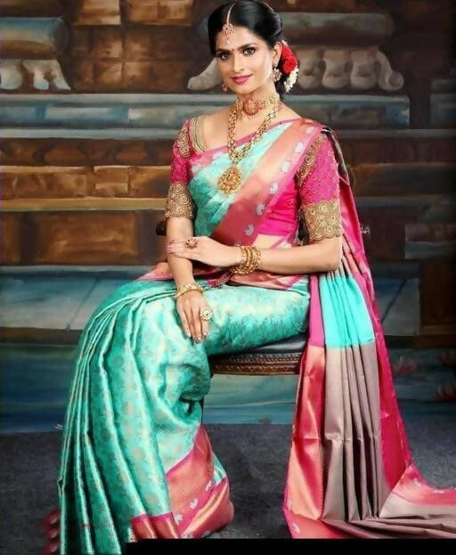 DEIANA'S Beautiful Designer Golden zari Soft Lichi Silk Saree - Sky | Grocsy