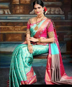 DEIANA'S Beautiful Designer Golden zari Soft Lichi Silk Saree - Sky | Grocsy