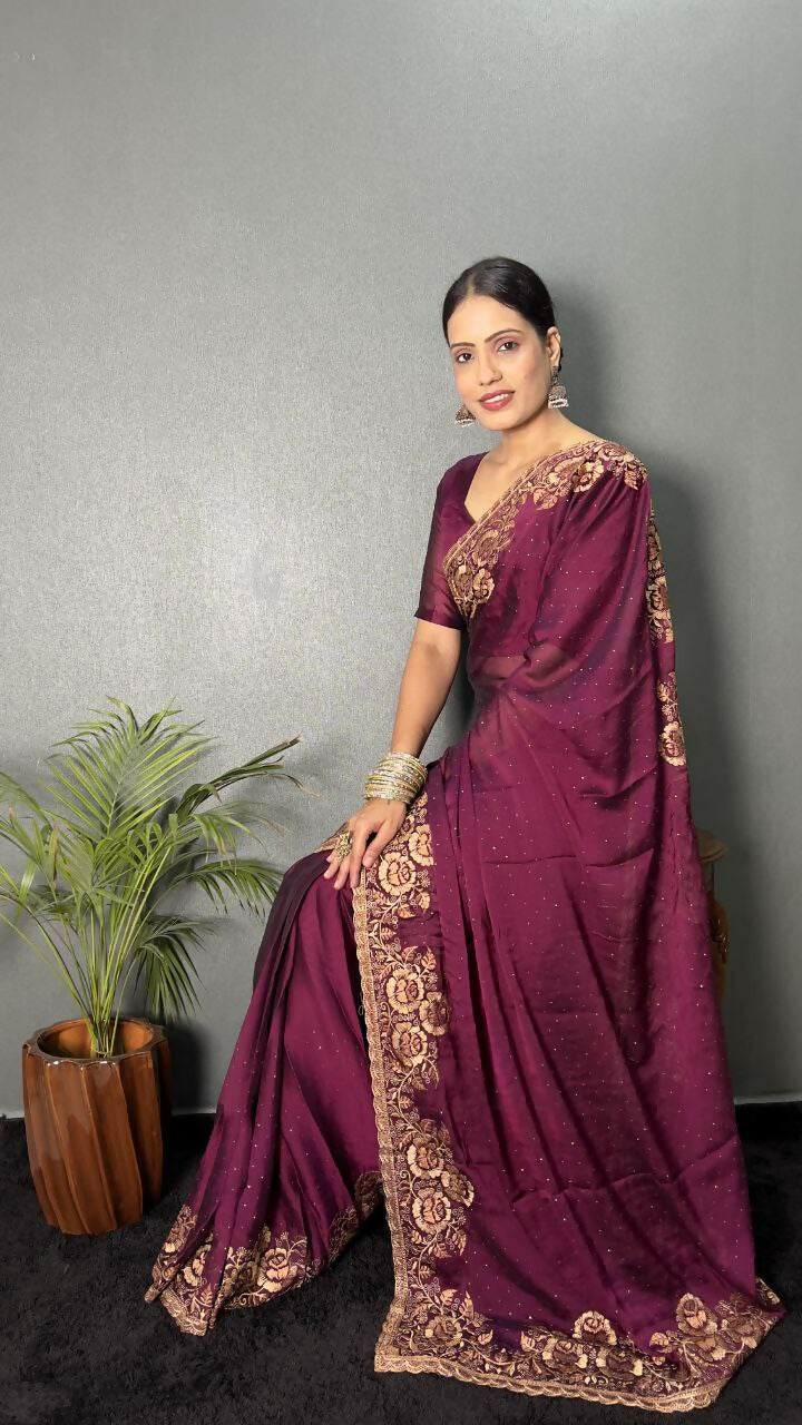 Vastranavya Wine Rangoli Silk Zari work with DMC Swarovski work Ready to Wear Saree | Grocsy