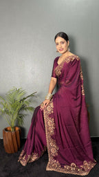 Vastranavya Wine Rangoli Silk Zari work with DMC Swarovski work Ready to Wear Saree | Grocsy