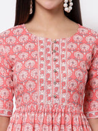 Myshka Women's Pink Printed 3/4 Sleeve Cotton Round Neck Dress | Grocsy