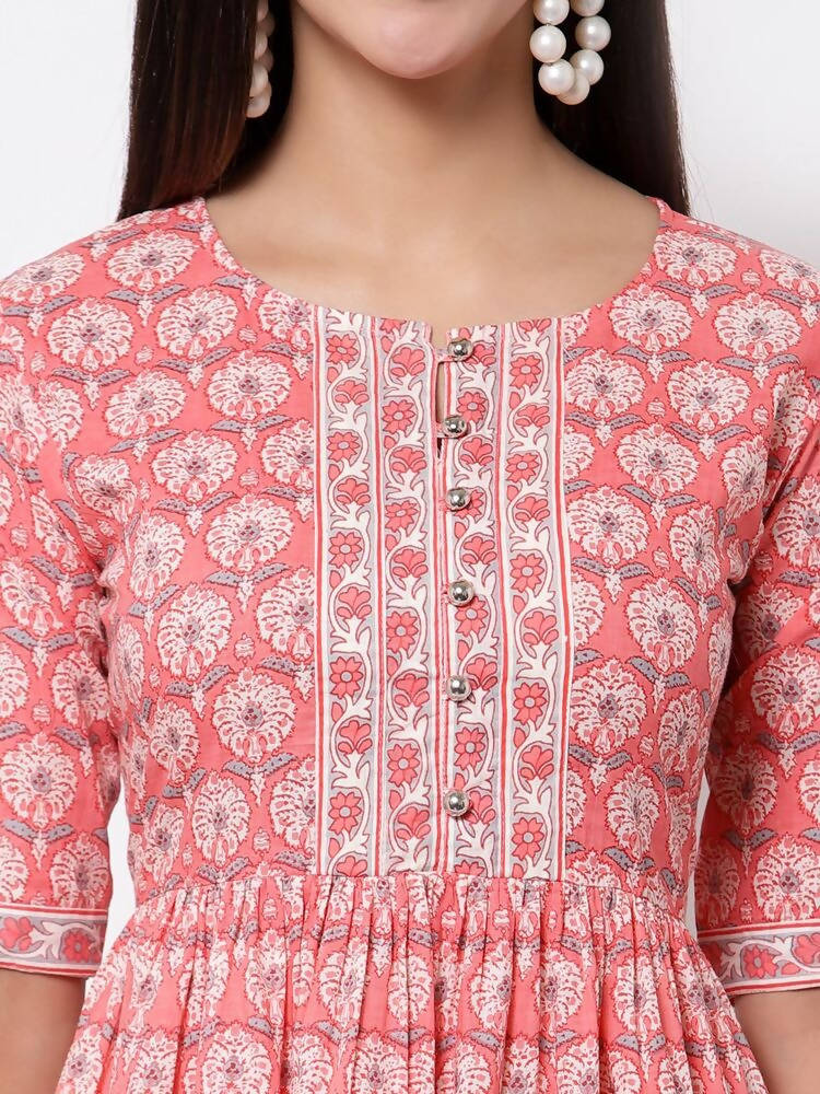 Myshka Women's Pink Printed 3/4 Sleeve Cotton Round Neck Dress | Grocsy