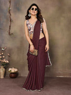 PR Fashion Brown Star Georgette Solid Georgette With Mirror Border Saree | Grocsy