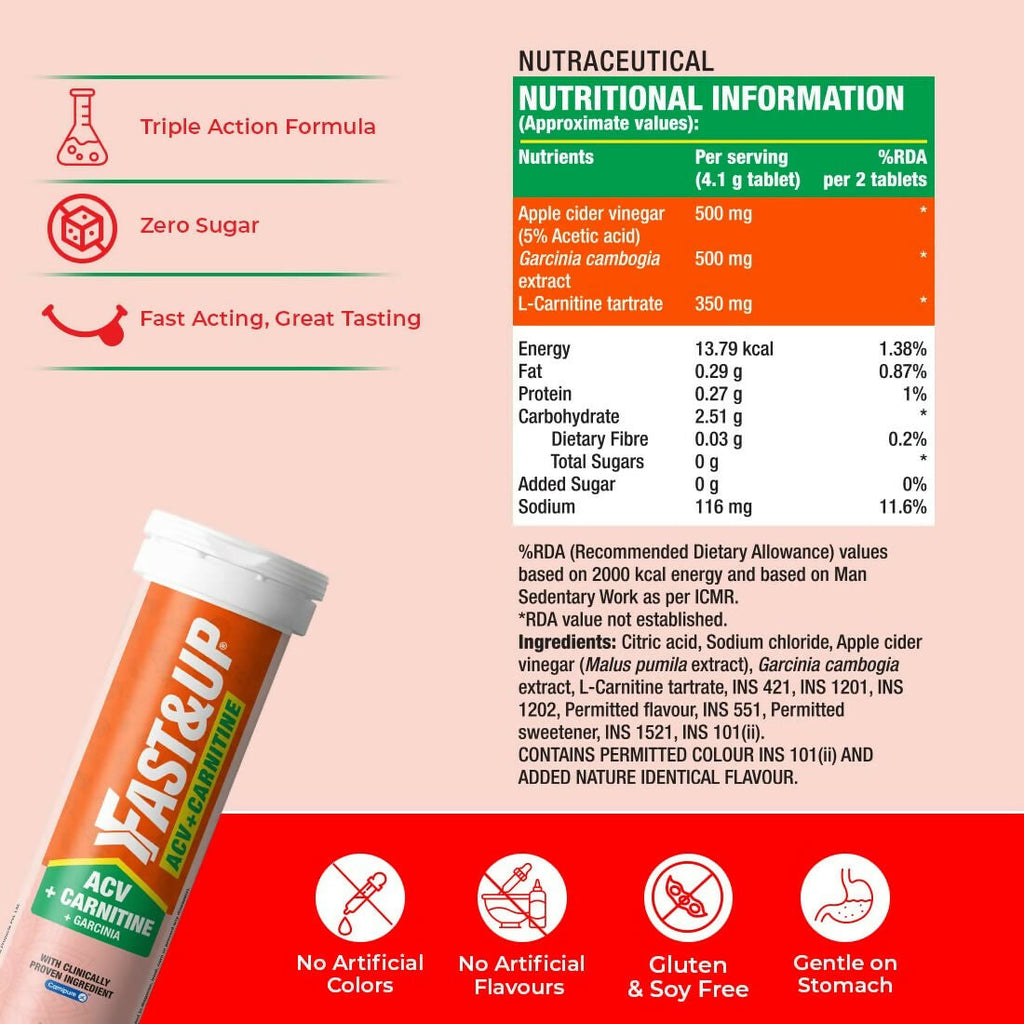 Fast&Up ACV + Carnitine, 500mg ACV , 350mg L-Carnitine, 500mg Garcinia - Lemon Flavour | Grocsy