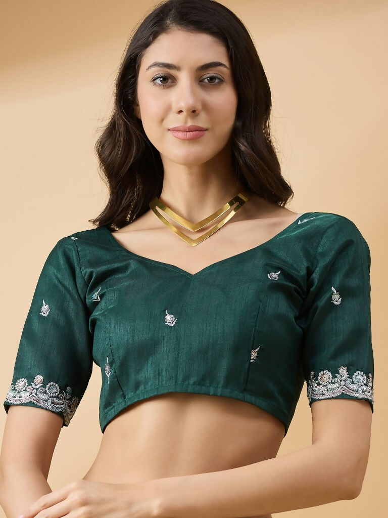Green Organza Sequence Embroidered Saree with Unstitched Blouse - Satya | Grocsy