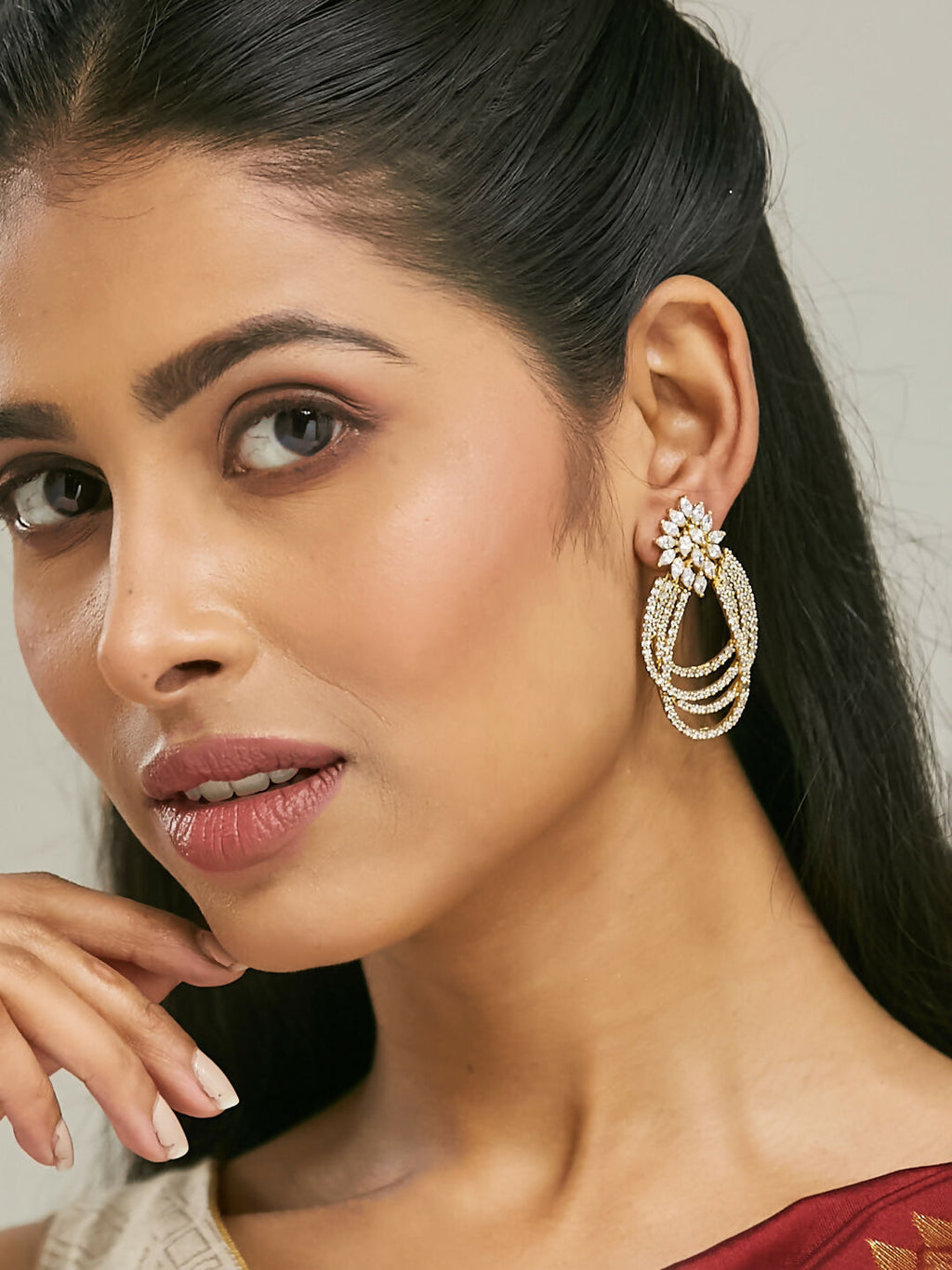 Nuyug 22K Gold-Plated Floral Motif Zircon Stone Studded Teardrop Shaped Elegant Drop Dangler Earrings | Grocsy