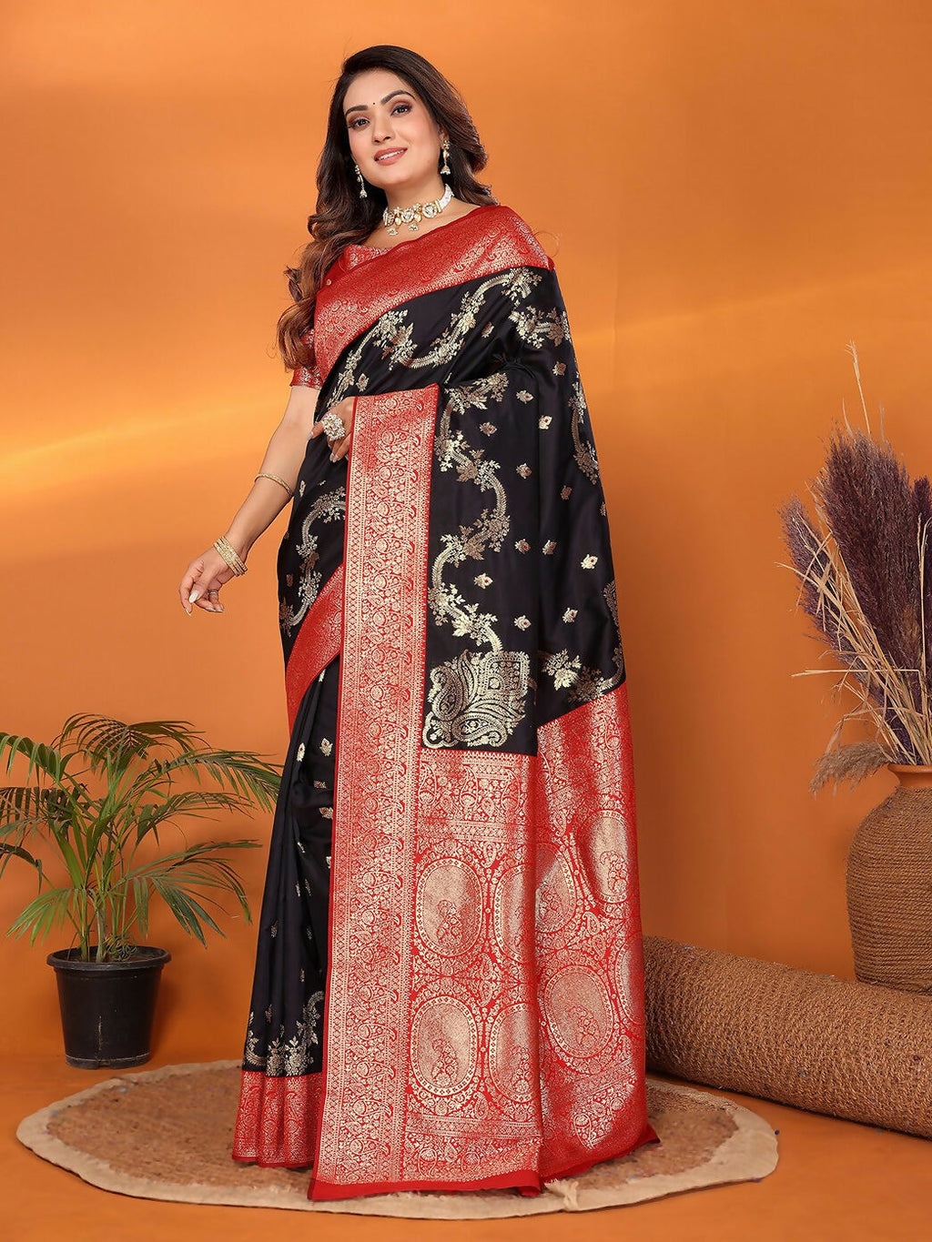 Joban Fashion Banarasi Black Woven Soft Silk Saree | Grocsy