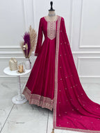 The52 Women's Gorgeous Embroidery Work Vichitra SIlk Fabric Flared Anarkali Dupatta Set-Dark Pink | Grocsy