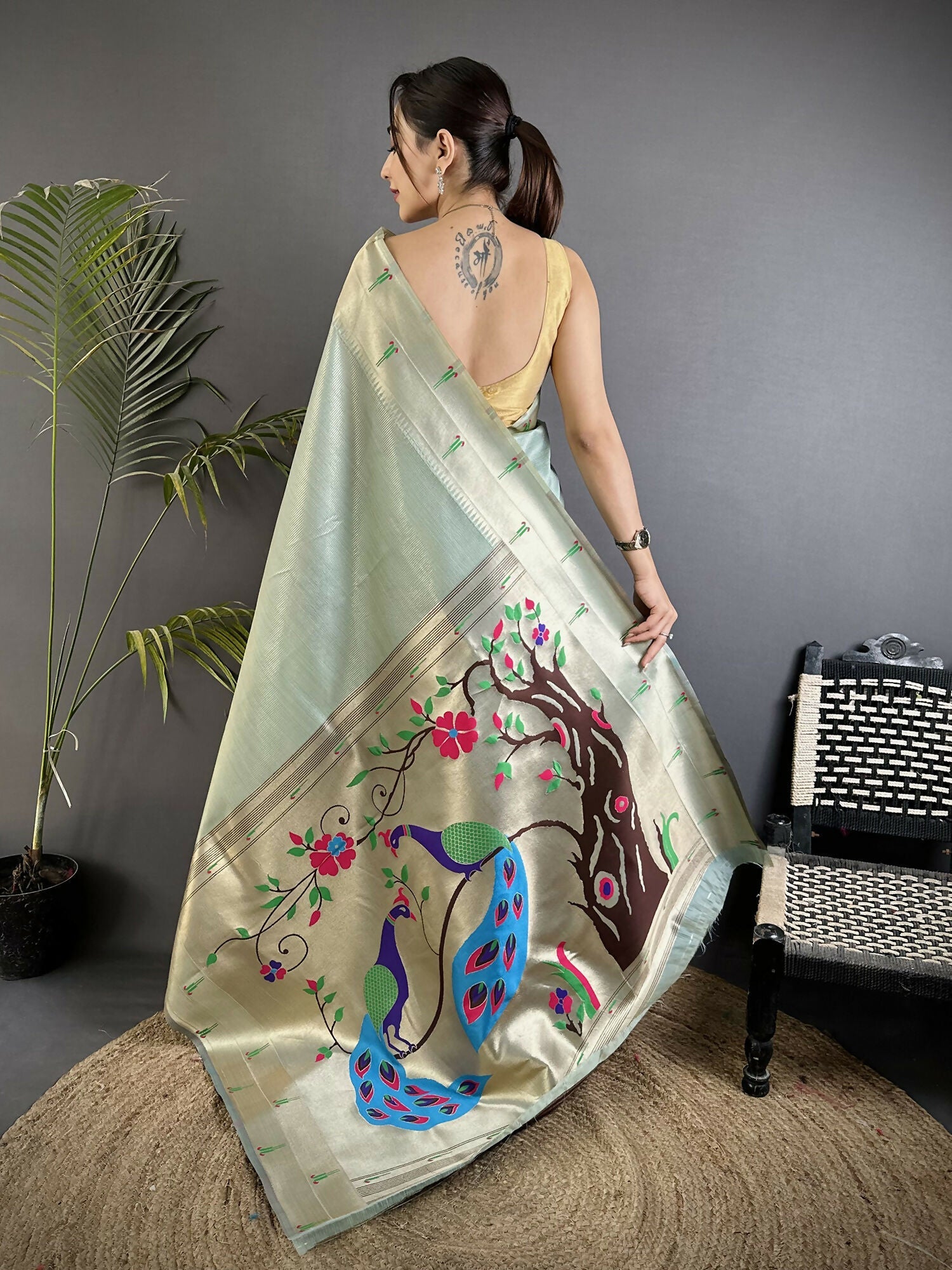 Joban Fashion Pale Blue Peacock & Floral Motifs Tissue Paithani Saree | Grocsy