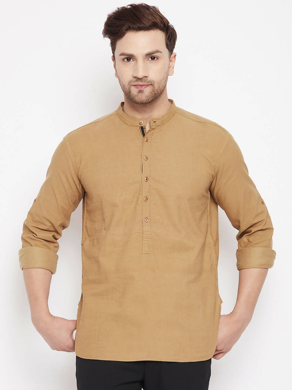 Even Apparels Beige Pure Cotton Short Men's Kurta With Band Collar | Grocsy