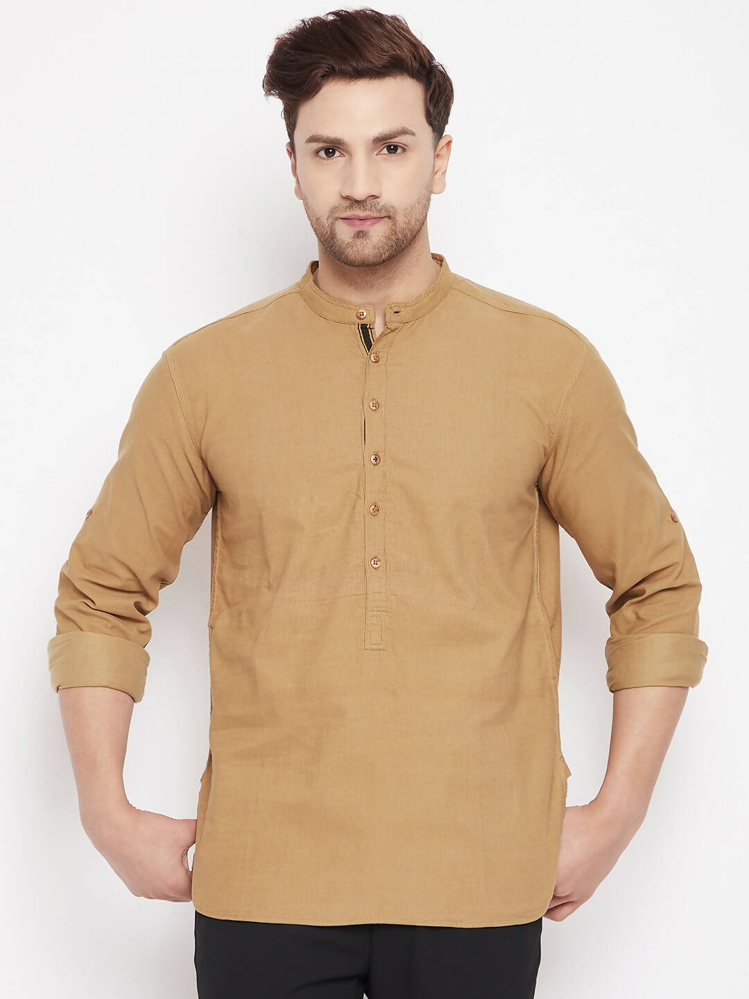 Even Apparels Beige Pure Cotton Short Men's Kurta With Band Collar | Grocsy