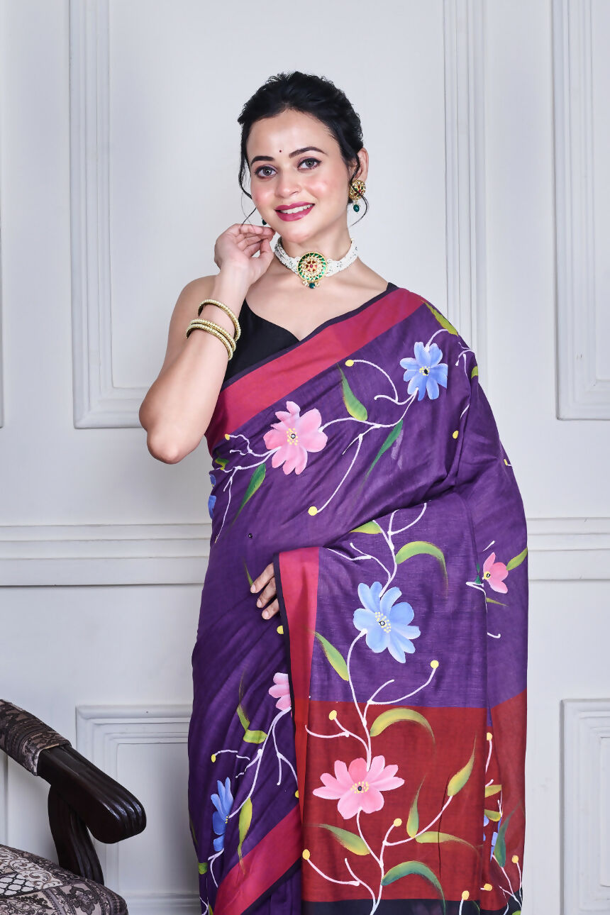 Morchari Multicolour Cotton Handloom Mirror Work Saree Unstitched Blouse | Grocsy