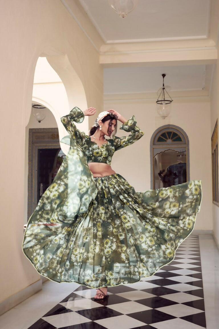Vastranavya Mehendi Weightless Marble Printed & Pearl Lace Border Saree with Unstitched Blouse | Grocsy