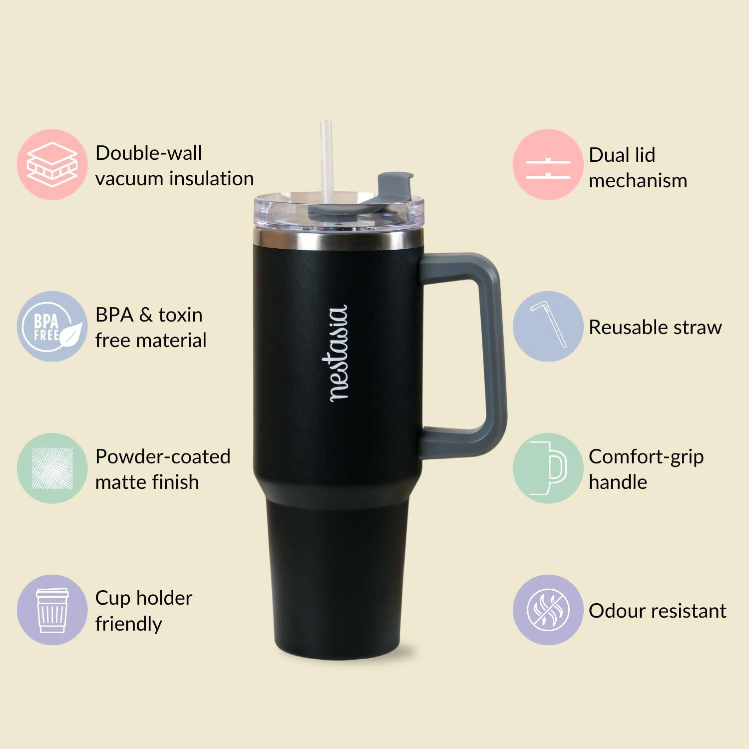 Nestasia Tumbler with Handle Straw & Lid - 1.2L (Black) | Grocsy