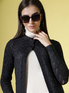 Women Self Design Long Navy Blue Acrylic Winter Shrug - Wool Trees | Grocsy