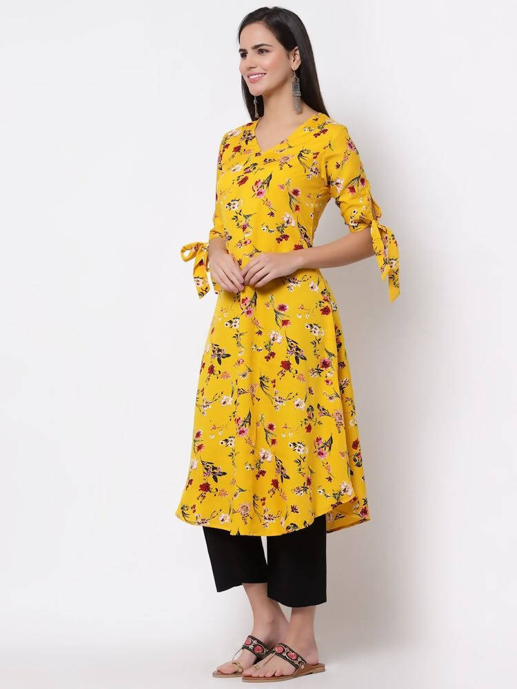 Myshka Women's Crepe Printed Half Sleeve V - Neck Casual Yellow Kurta | Grocsy