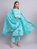 Joban Fashion Green Cotton Floral Printed & Embroidery Work Kurta With Trousers & Dupatta Set | Grocsy