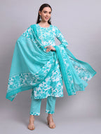 Joban Fashion Green Cotton Floral Printed & Embroidery Work Kurta With Trousers & Dupatta Set | Grocsy