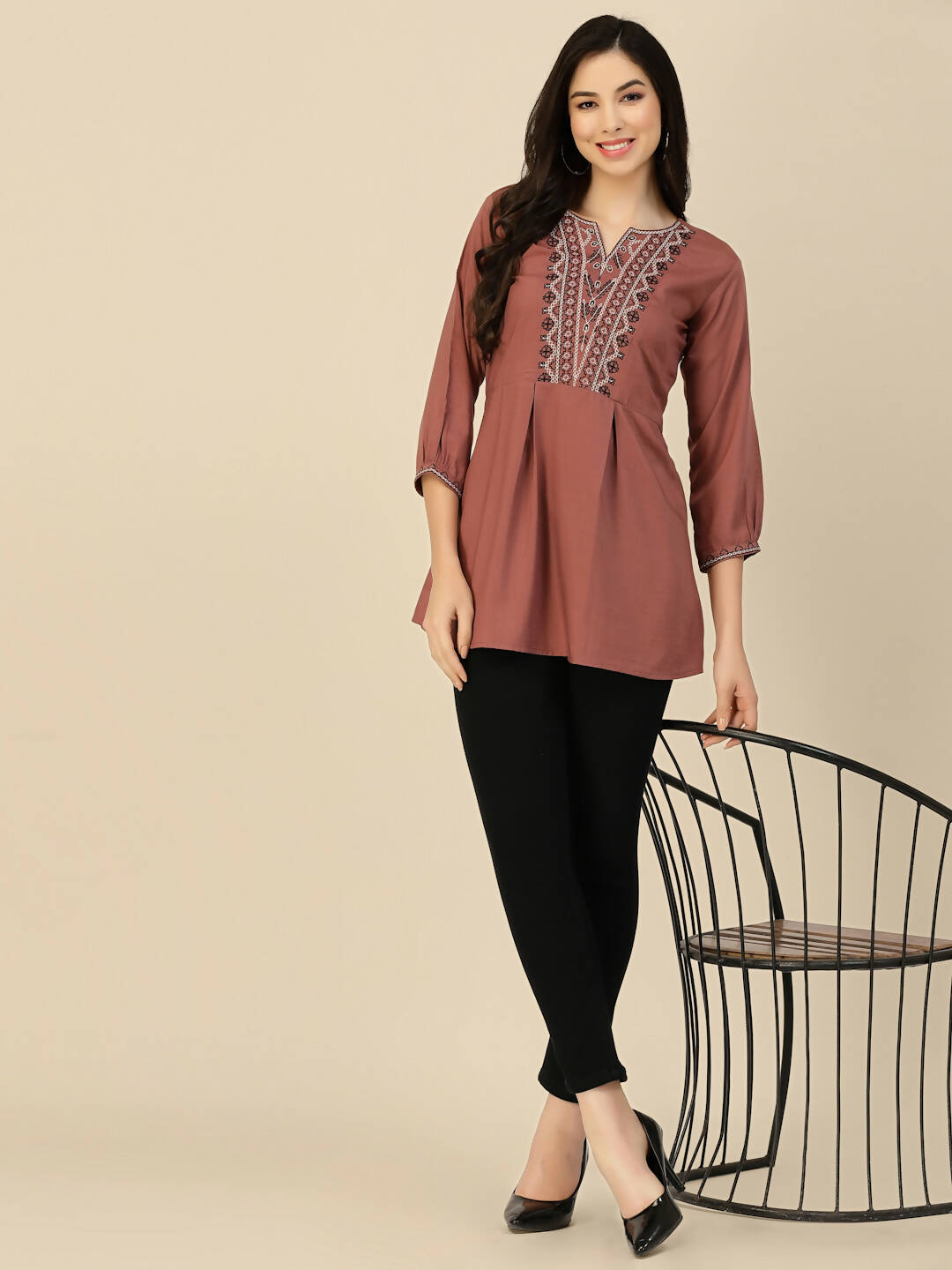 Brown Chinon Floral Embroidered Top - Zeny | Grocsy
