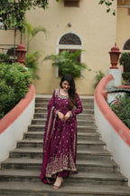 Joban Fashion Wine chinon Sequence Embroidery Work Kurta Set | Grocsy