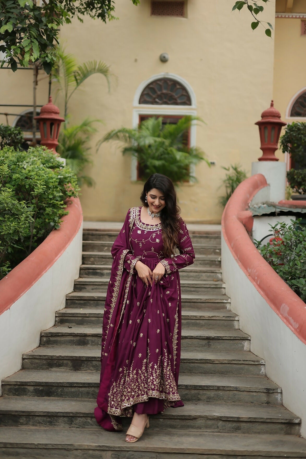 Joban Fashion Wine chinon Sequence Embroidery Work Kurta Set | Grocsy