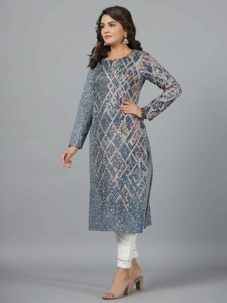 Juniper Women Blue Printed Polyester Kurta | Grocsy