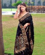 DEIANA'S Beautiful Designer Golden zari Soft Lichi Silk Saree - Black | Grocsy