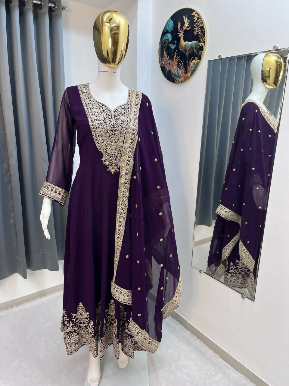 Teeya Creation Wine Color Faux Georgette Embroidery Work Long Party Wear Gown | Grocsy