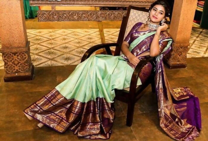 DEIANA'S Beautiful Designer Golden zari Soft Lichi Silk Saree - Pista | Grocsy