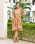 Vaasva Women's Orange Cotton Embroidered& Digital Printed Dress | Grocsy