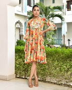 Vaasva Women's Orange Cotton Embroidered& Digital Printed Dress | Grocsy