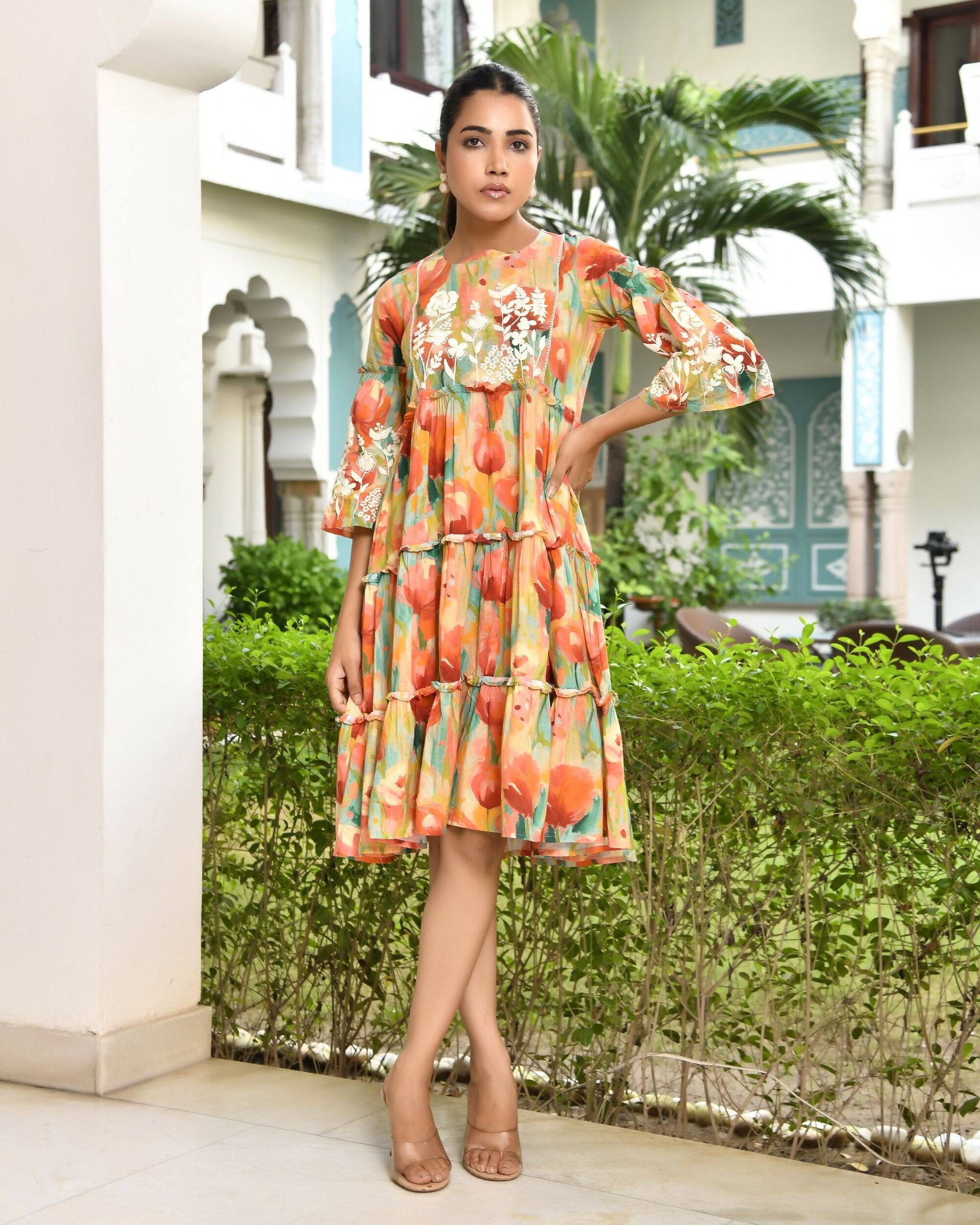 Vaasva Women's Orange Cotton Embroidered& Digital Printed Dress | Grocsy