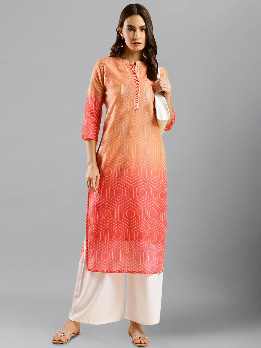 Peach Chinon Digital Printed With Hand Work Kurta - Himanshi | Grocsy