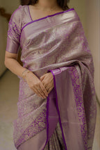 Prime Volt Bridal Kanchipuram Silk Saree with Rich Zari Weaving & Contrast Border-Purple | Grocsy