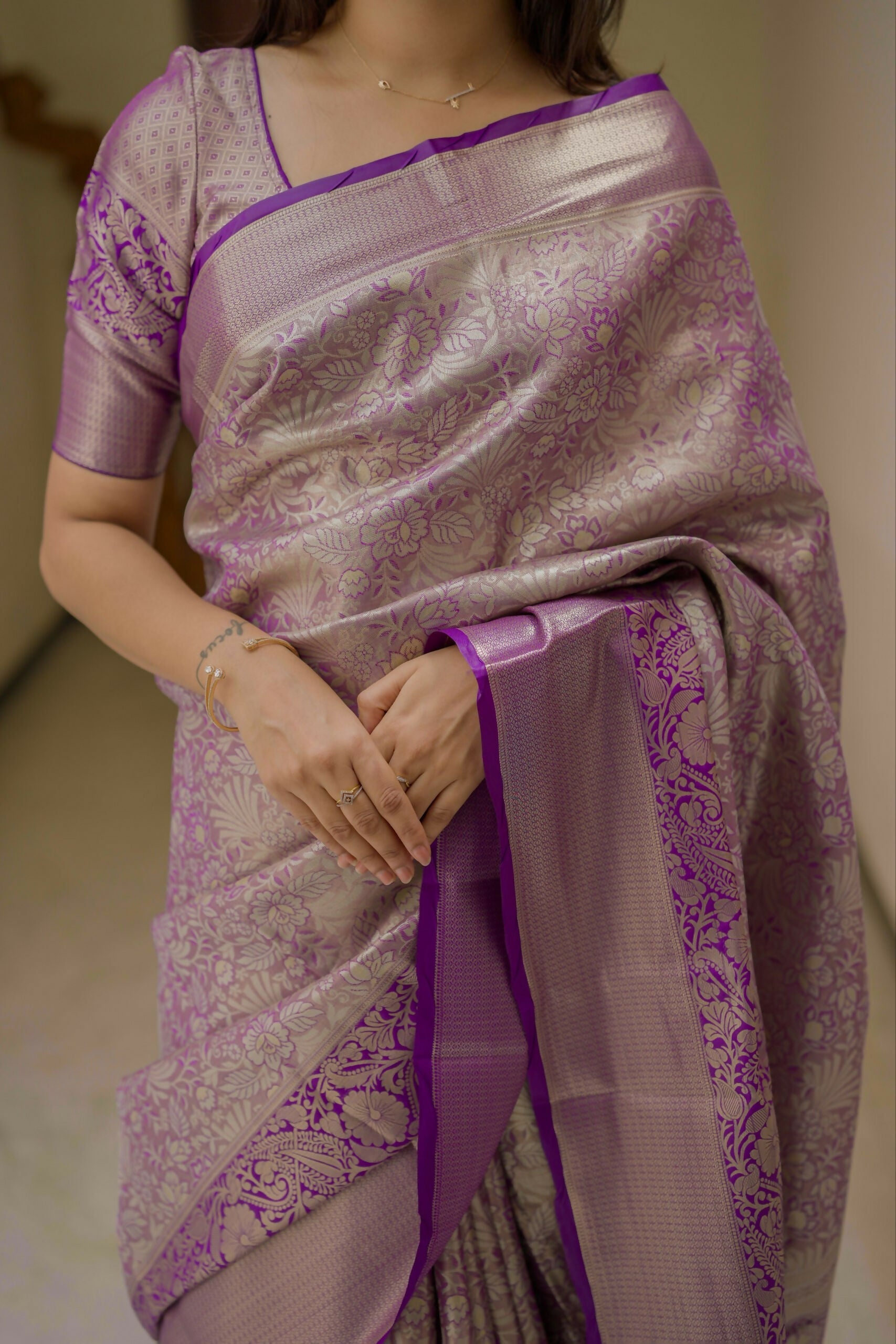 Prime Volt Bridal Kanchipuram Silk Saree with Rich Zari Weaving & Contrast Border-Purple | Grocsy