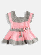 Chutput Kids Woollen Hand Knitted Short Sleeves Flower Detail Dress For Baby Girls - Pink | Grocsy