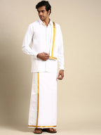Ramraj Cotton Mens Wedding White Regular Dhoti, Shirt & Towel Set Subhakalyan 1" | Grocsy
